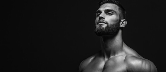 Fototapeta premium Muscular male bodybuilder in a dramatic black and white portrait against a dark background showcasing strength and confidence with ample negative space for text.