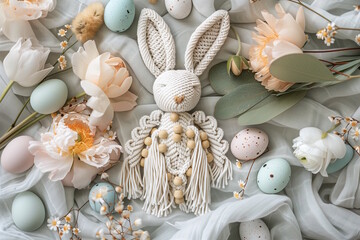 Macrame bunny with pastel eggs and blooming flowers, concept of Easter DIY crafts and modern handmade eco-friendly festive decoration