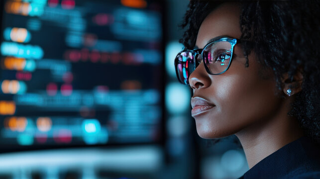 Innovative scientist analyzing quantum data on futuristic computer setup