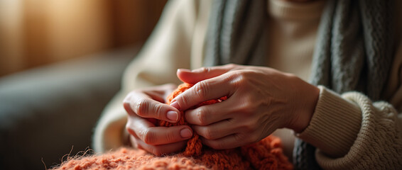 Elderly woman knitting with gentle focus in warm light