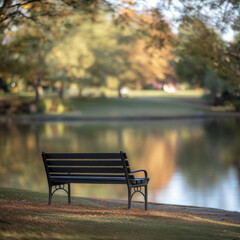 Fototapeta premium Peaceful Park Scene with Empty Bench by a Serene Lake in Autumn