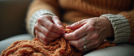 Elderly woman knitting in warm glow with soft orange yarn
