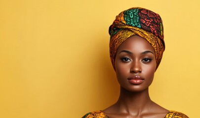 A stylish woman showcases her cultural heritage with a colorful traditional headwrap, confidently standing against a bright yellow backdrop