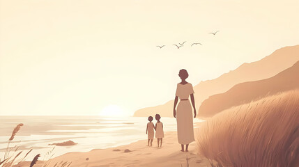 A Mother and Her Children Walk Along a Beach at Sunset, enjoying the Tranquil View.