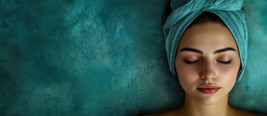 Fototapeta premium Young woman relaxing with closed eyes on a treatment table at a beauty spa, wearing a turquoise towel, receiving laser skin treatment on serene teal background.