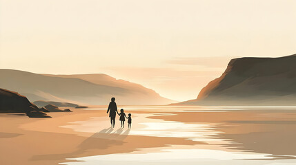 Silhouetted Family Walks on Sandy Beach Towards Golden Sunset with Misty Mountains