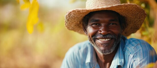 Closeup Portrait of a Smiling Senior Male Farmer Wearing Straw Hat Planting Tree in Soil with Blurred Natural Background for Text Space