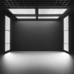 A spacious black studio featuring bright white illuminated panels, ideal for a variety of photography projects and artistic endeavors