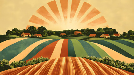 Rolling hills meet cultivated fields under a stylized sun, creating a serene agrarian landscape.