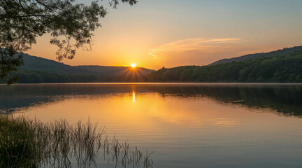 Serene Sunset over Tranquil Lake with Reflective Golden Glow in Nature