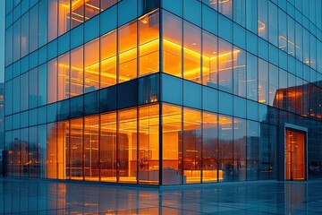 Close-up of a modern office buildings glass facade with reflective windows with interior lights