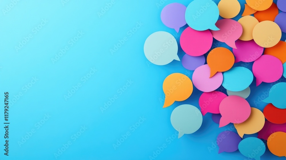 Poster colorful speech bubbles on blue background with empty copy space for text representing global online