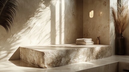 Sunlit minimalist bathroom with stone platform, towels, and plants.