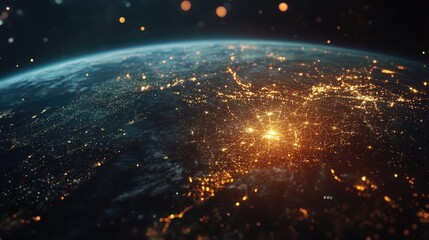 Global Digital Network Connectivity Technology Interface Over Earth Surface with Sparkling City Lights in Dark Space Background
