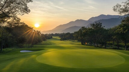 Sunrise over a pristine golf course landscape with lush fairway and scenic mountains in the background; ideal for promotional text and advertising.