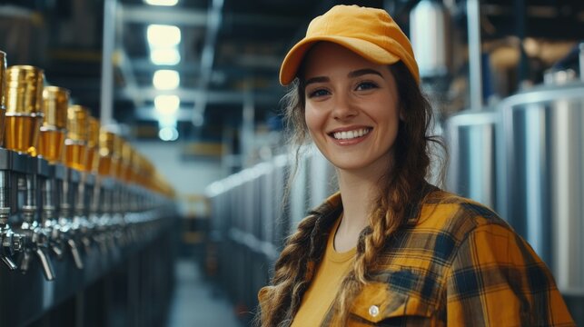 Cheerful young woman in plaid shirt and yellow cap smiles confidently on production line of craft beer factory surrounded by shiny tanks in industrial setting