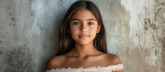 Fototapeta premium Teenage Hispanic girl with long brown hair posing against a textured gray concrete wall in a portrait session featuring expansive empty copy space.