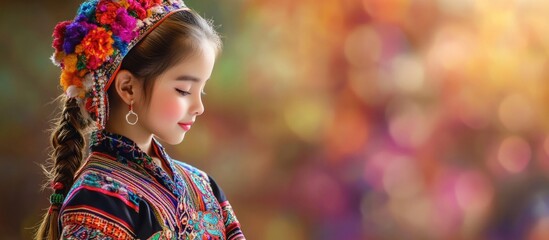 Fototapeta premium Hmong girl showcasing vibrant handmade traditional attire blending modern and cultural elements during New Year festival in northern Thailand with colorful bokeh background