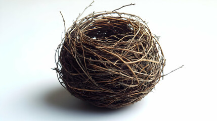 Obraz premium Intricately Woven Bird Nest Made of Twigs Sits on White Background Displaying Natural Craftsmanship