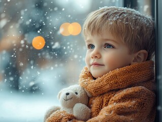 Cute young boy holding a teddy bear gazing out of a cozy home window decorated for Christmas with falling snow and warm bokeh lights in the background