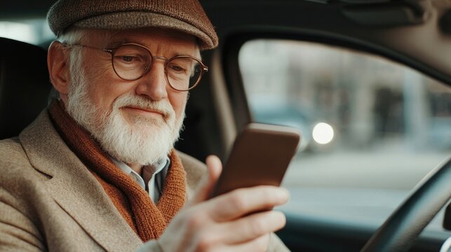 Mature man with white beard and glasses using smartphone in a modern car interior, wearing a tan blazer and brown scarf, warm afternoon light. - Powered by Adobe