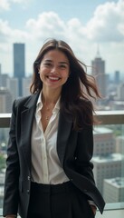 Fototapeta premium Young businesswoman smiling confidently in a cityscape backdrop