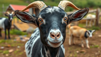 Close-up of a black and white goat smiling on a farm in the countryside during a sunny day with other goats nearby