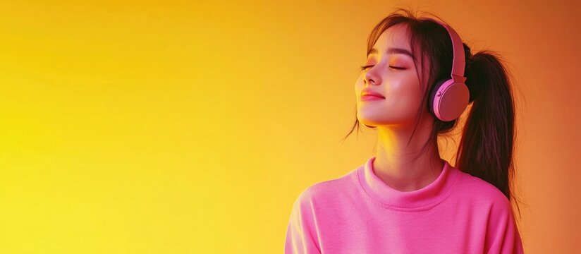 Smiling Asian woman in pink sweater enjoying music with headphones in calming headspace on vibrant yellow gradient background