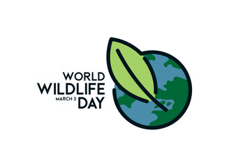 World Wildlife Day. March 3. Earth and leaf icon. Line. Outline. White background. Poster, banner, card.