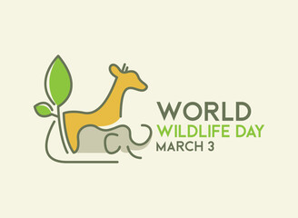 World Wildlife Day. March 3. Tree branch line icon with giraffe and elephant. Poster, banner, card, background.