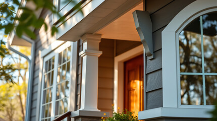 Fototapeta premium Exterior View of Residential House with Multi-paned Windows and Gray Siding