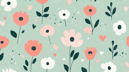 Seamless pastel floral pattern with hearts.