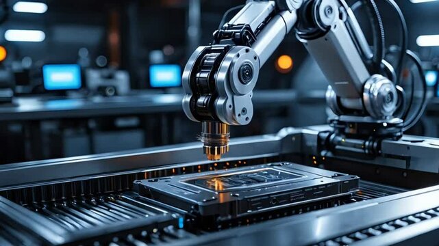 Industrial robotic arm operating on manufacturing assembly line in high-tech factory seamless looping 4k time-lapse animation video background. Automation and industry concept