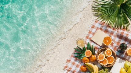 Aerial View of Beach Picnic Setup with Fresh Fruits and Drinks
