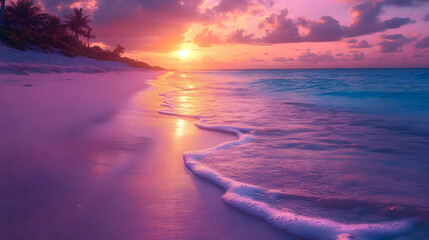 Vivid Purple Sunset Illuminates Tropical Beach with Gentle Waves and Palm Trees Silhouette
