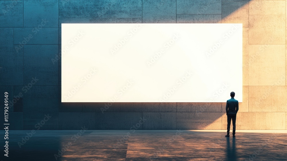 Poster contemplative man standing in modern minimalistic gallery space with large empty digital screen on c