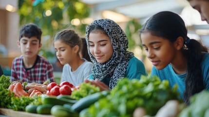 Diverse children examining fresh produce.