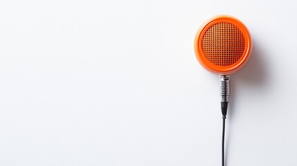 Fototapeta premium Colorful orange speaker positioned on the right side of a minimalist white background, designed for sound-related text and branding applications.