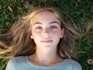 Naklejka premium Teen girl with long blonde hair relaxing on vibrant green grass, creating spacious white background for creative text placement.
