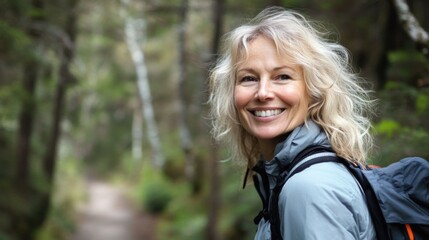Energetic middle-aged woman with blond curly hair smiling in green forest during outdoor sports walk with natural path and empty space for text
