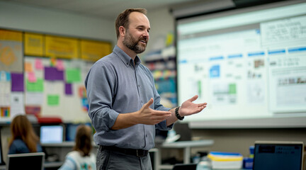 Interactive Classroom Discussion Led by Engaged Teacher in Modern Educational Environment