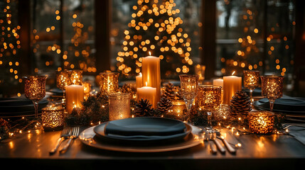 Obraz premium Festive Holiday Table Setting Decorated with Candles, Pine Cones, String Lights, and Festive Accents Elegantly.