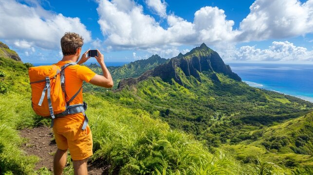 Scenic Views, Tropical Mountains Hiker Captures Breathtaking Nature on Hiking Adventure