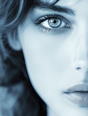 Tender young woman with captivating blue-toned eyes and soft features in a black and white image featuring substantial copy space for text.