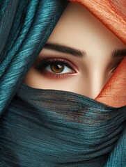 Naklejka premium Beautiful woman with vibrant teal and orange hijab partially covering her face, showcasing striking brown eyes and bold red lips, fashion portrait with ample copyspace.
