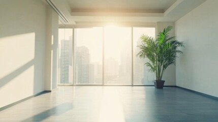 Fototapeta premium Bright and airy modern office interior with large windows showcasing city skyline, potted plant, and ample copyspace for text, ideal for real estate promotions.
