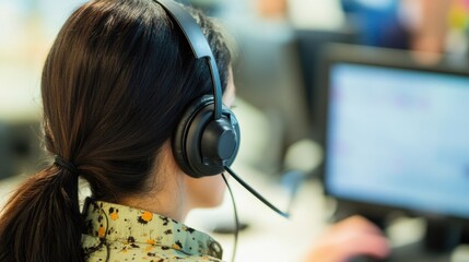 Professional woman with headset engaged in call center work in vibrant office setting with blurred monitors and ample copyspace for text