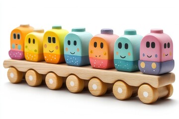 A colorful wooden toy train with smiling characters, designed for children's play and learning.