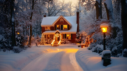Cozy house glows with festive lights in a snowy winter wonderland at dusk.