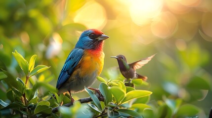 Colorful Tropical Birds Perched On Branch In Sunlight